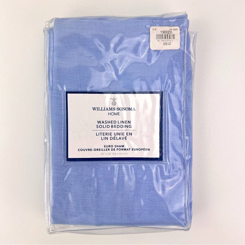 Williams Sonoma Washed Linen Euro Sham Blue 26x26 New